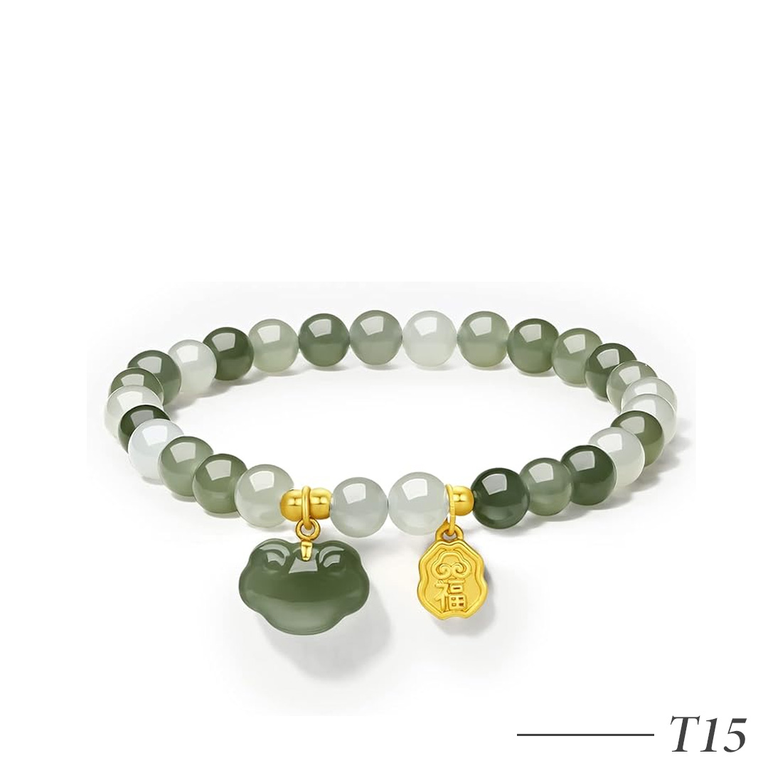 T15-24K Gold Accent Green Jade Beaded Bracelet Stretch Bracelet for Women and Men