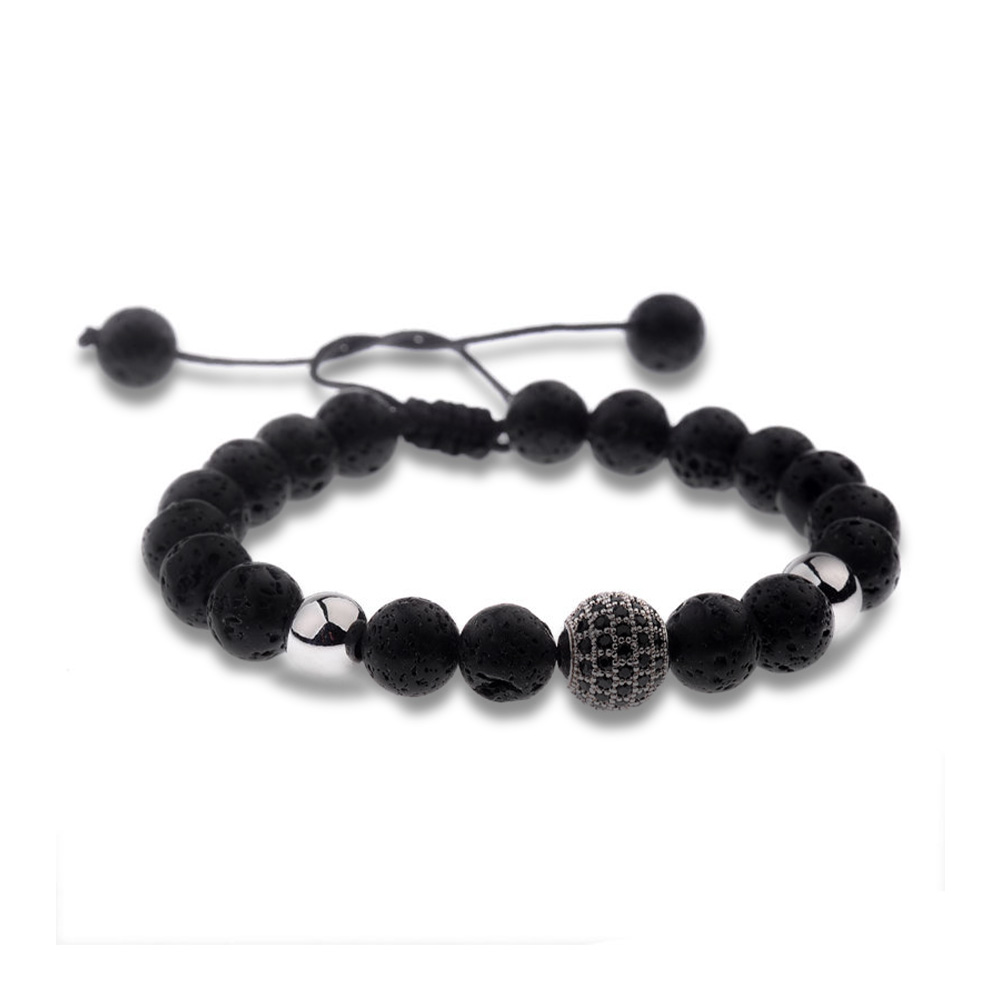 LANK5-Men's Black Lava Stone Beaded Bracelet with CZ Zircon Pave Adjustable Weave