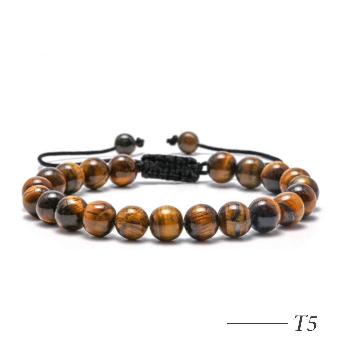 T5-Tiger Eye Stone Beaded Bracelet Adjustable Braided Lava Rock Bracelet for Men and Women