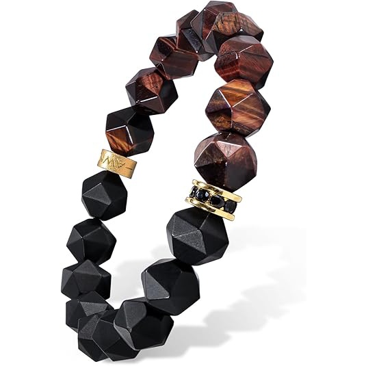 T30P-Men's Tiger Eye and Onyx Beaded Bracelet with Sterling Silver CZ Charm 10mm Stretch Bracelet